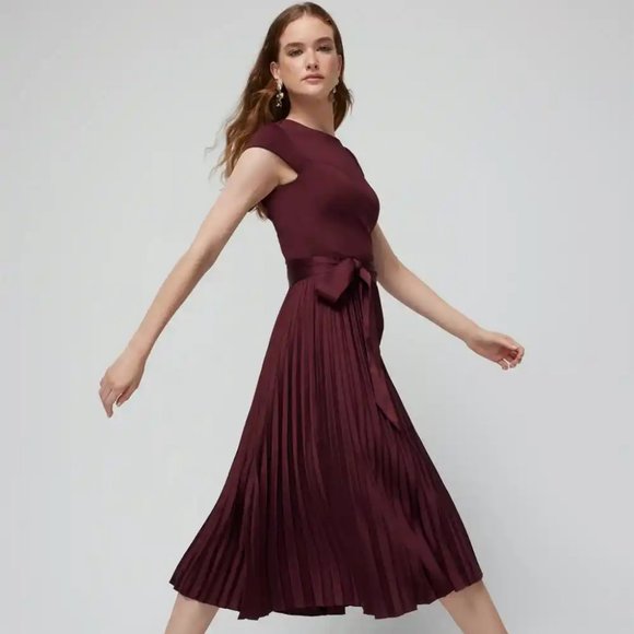 WHBM $180 Scuba Knit & Satin Pleated Dress Burgundy Port 10 12 14 - Picture 4 of 6